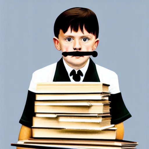 Prompt: full length photo of a child adolf hitler standing carrying school books, hitler moustache, digital art, white background, full color