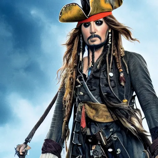 Image similar to still of Anna Kendrick as Captain Sparrow in Pirates of the Caribbean remake 2029