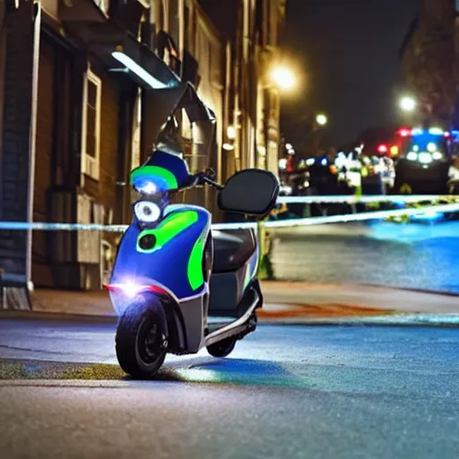 Prompt: a promotional photo of a police electric scooter with police lights on the handlebars