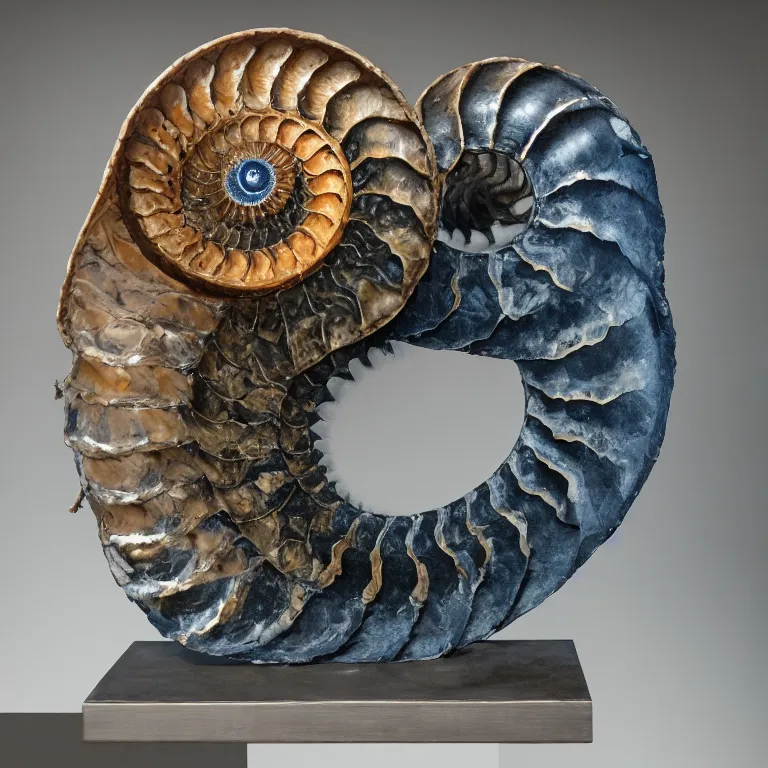 Image similar to hyperrealistic sculpture of a bronze fossilized nautilus ammonite dusted with blue spraypaint in a grid cage on a pedestal by ron mueck and duane hanson and lee bontecou, hyperrealistic dramatic colored lighting trending on artstation 8 k