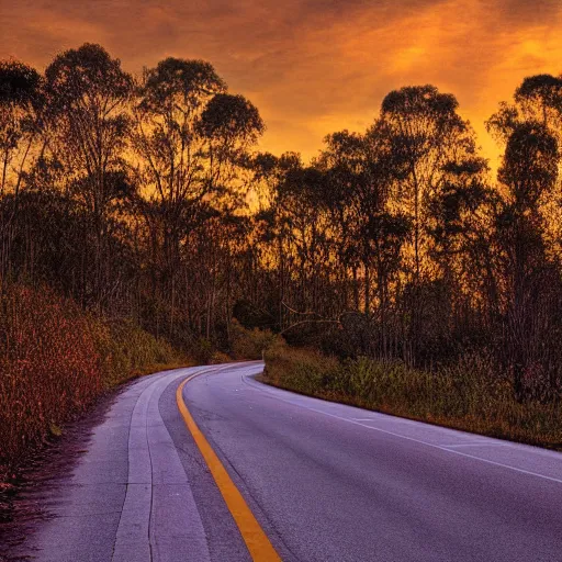 Image similar to overgrown highway, michael pangrazio, golden hour