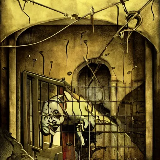 Prompt: A surreal interpretation of guilt, sorrow, dread, pain, and disgust with a man screaming in an empty locked courtyard detailed creepy WWII styled fine art.