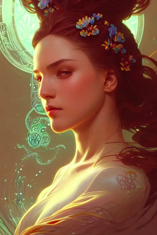 Prompt: beautiful female android!, half portrait, neon flowers, intricate detailed environment, cell shaded, floro details, intricate, elegant, highly detailed, digital painting, artstation, concept art, smooth, sharp focus, illustration, art by artgerm and greg rutkowski and alphonse mucha