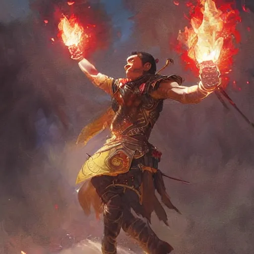 Prompt: beautiful painting of a very short and small male halfing bard from pathfinder, casting fireball, painted by greg rutkowski
