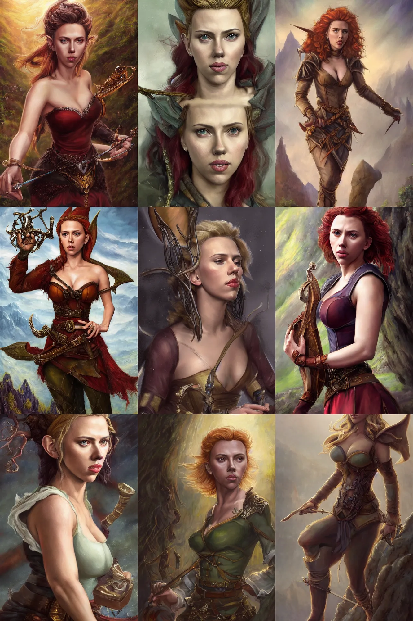 Prompt: a full body high detail fantasy portrait oil painting illustration of scarlett johansson as a beautiful sophisticated posing bard elf by justin sweet with face and body clearly visible, in a scenic background, pupils visible, realistic proportions, d & d, rpg, forgotten realms, artstation trending, high quality, sombre mood, artstation trending, muted colours, entire person visible!