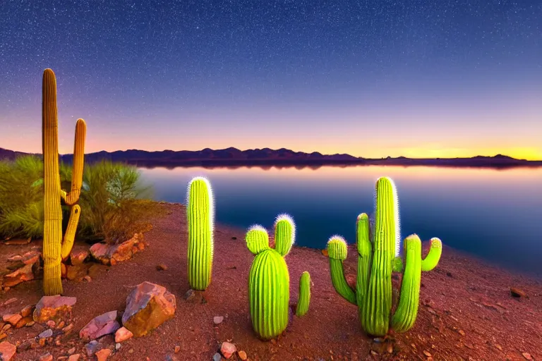 Image similar to beautiful landscape photography of an Arizona desert, lake, 1 cactus, nighttime