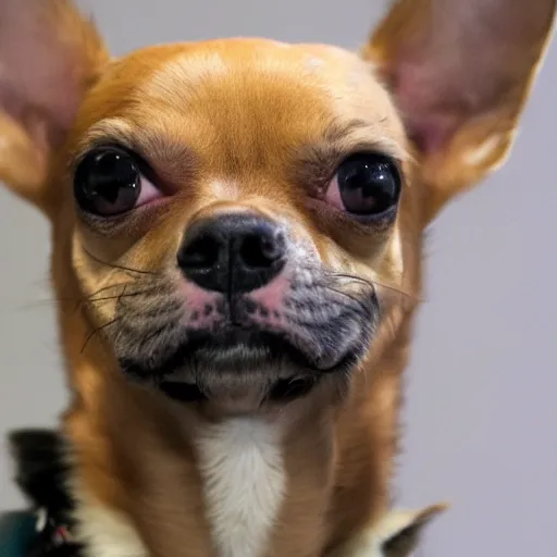 Prompt: a photograph of a half man half chihuahua inmate