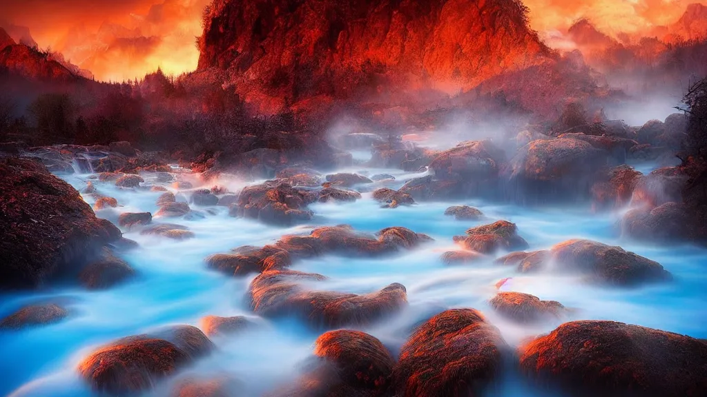 Image similar to amazing landscape photo of hot springs by marc adamus, beautiful dramatic lighting