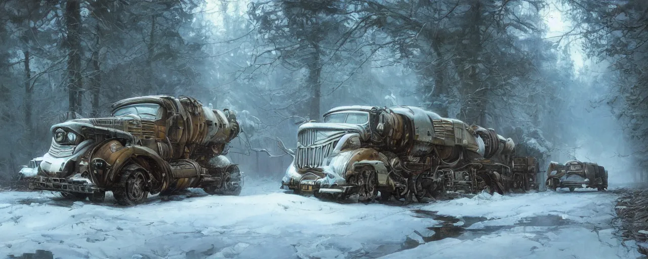 Prompt: hyper realistic painting of abandoned futuristic dieselpunk truck and mecha robot in the winter forest, puddles of water, a lot of snow, brom, sunrise, mucha, moebius, craig mullins, juan gimenez artstation cgsociety