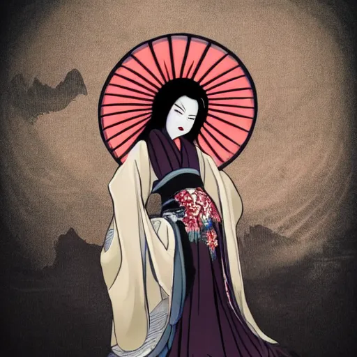 Image similar to full body photo of demon geisha, beautiful, scary, yokai, cinematic, high detail,