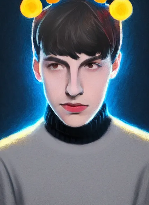 Image similar to portrait of teenage jughead jones wearing a light grey crown, crown, blue turtleneck, 1 9 5 0 s, closed eyes, photorealistic, black hair, glowing lighting, intricate, elegant, glowing lights, highly detailed, digital painting, artstation, concept art, smooth, sharp focus, illustration, art by wlop, mars ravelo and greg rutkowski