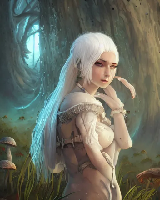 Prompt: girl with white hair and mushroom dress, fantasy swamp, bizarre, illustration, scifi, radiant, beautiful, atmosphere, harmony, top lighting, blue eyes, focused, perfect composition, artstation, highly detailed, art by yuhong ding and chengwei pan and serafleur and ina wong