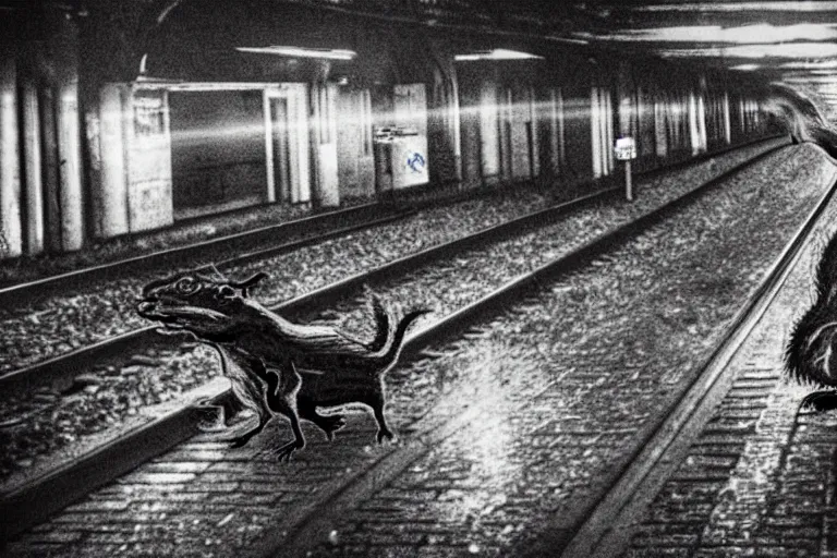 Image similar to very large giant mutant zombie irradiated rat sraying on railways in tonnel of moscow subway. extreme high detail. low dark light, scary atmosphere.