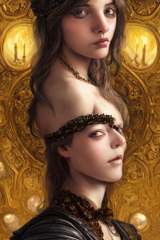 Image similar to high quality extremely detailed closeup portrait of a young attractive female necromancer looking away from the camera, dressed, realistic eyes, sparkle in eyes, no hands visible, baroque architecture in background, fantasy, d & d, intricate, painting by lucian freud and mark brooks, hd