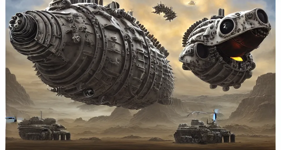 Prompt: pixar puffer fish dinosaurs googly eyes cyborg running kangaroo ostrich atat, military tank fury road iron smelting pits space marines, of spiked gears of war skulls, military chris foss, john harris, hoover dam'aircraft carrier tower'beeple, wayne barlowe, warhammer 4 0 k, halo, halo, mass effect