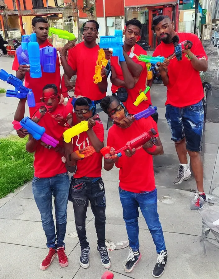 Image similar to bloods gang members showing off their plastic colorful water guns, bad quality, phone photo, leaked photo, paparazzi photo, realistic, 720p