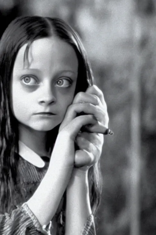 Image similar to Young Jodie Foster as Wednesday in The Addams Family movie 1991