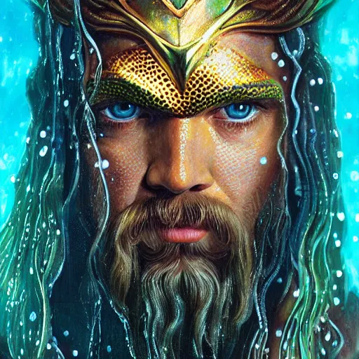Prompt: intricate five star portrait of aquaman as a jellyfish man, oil on canvas, hdr, high detail, photo realistic, hyperrealism, matte finish, high contrast, 3 d depth, centered, masterpiece, grain and gentle colors, enhanced light effect, enhanced eye detail, artstationhd
