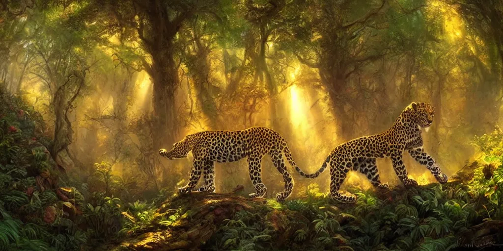 Prompt: leopard hunting in the forest, magical energies emanating from it, god rays, wide angle, fantasy art, matte painting, sharp focus, vibrant colors, high contrast, illustration, art by justin gerard