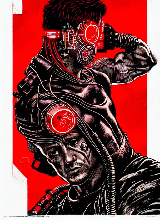 Prompt: Cyberpunk Stallone | Cyborg in Red surrounded by cables | 19th century wood-engraving , whole page illustration , rule of third, art in the style of greg rutkowski and thomas kinkade and Larry Elmore