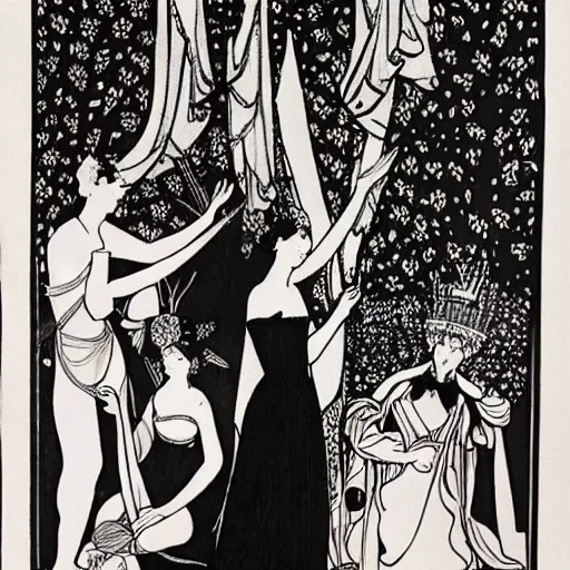 Image similar to how four queens found launcelot sleeping, aubrey beardsley