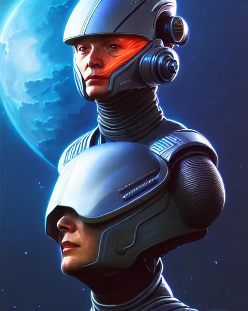 Image similar to portrait of a starship captain with a helmet as an apex legends character digital illustration portrait design by, wayne barlowe detailed, gorgeous lighting, wide angle action dynamic portrait