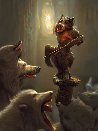 Prompt: a screaming man holding a quartestaff. surrounded by a pack of wolves. intricate, elegant, highly detailed, digital painting, artstation, concept art, sharp focus, illustration, by justin gerard and artgerm, 8 k