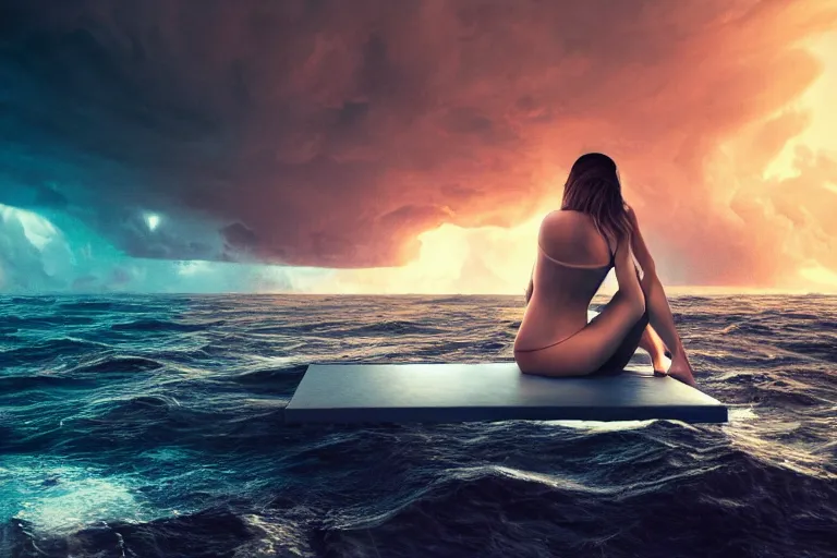 Image similar to A beautiful woman sitting on a giant open book in the middle of the ocean during a storm, dramatic lighting, cinematic, 8k HDR, highly detailed, high quality, octane render, unreal engine 5, path tracing, turbulent sea, concept art, trending on Artstation