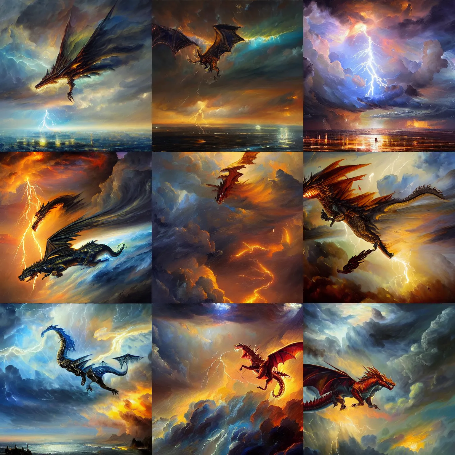 Prompt: A beautiful, very highly detailed oil painting of an ancient lightning dragon flying through the clouds in the middle of a huge rainstorm in the middle of the night, by Afremov and Greg Rutkowski