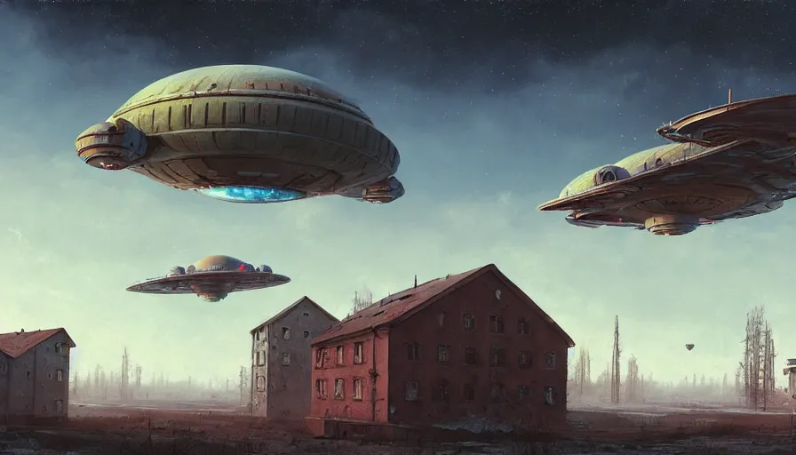 Image similar to a beautiful matte painting of a flying space ship over old soviet village, simon stalenhag and jakub rozalski and alan bean, trending on artstation, realistic rendering