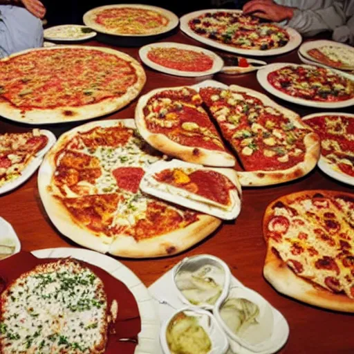 Prompt: what's with all these pizzas asks the waiter