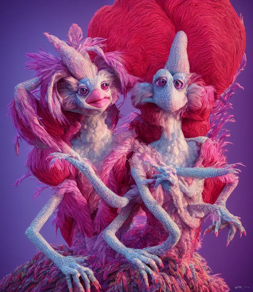 Image similar to hyper detailed 3d render like a Oil painting - kawaii portrait of two Aurora (a beautiful girl skeksis muppet fae princess protective playful expressive acrobatic from dark crystal that looks like Anya Taylor-Joy) seen red carpet photoshoot in UVIVF posing in scaly dress to Eat of the Strangling network of yellowcake aerochrome and milky Fruit and His delicate Hands hold of gossamer polyp blossoms bring iridescent fungal flowers whose spores black the foolish stars by Jacek Yerka, Ilya Kuvshinov, Mariusz Lewandowski, Houdini algorithmic generative render, golen ratio, Abstract brush strokes, Masterpiece, Edward Hopper and James Gilleard, Zdzislaw Beksinski, Mark Ryden, Wolfgang Lettl, hints of Yayoi Kasuma and Dr. Seuss, octane render, 8k