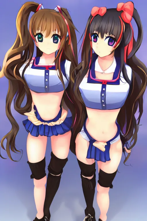 Prompt: two beautiful female idols with twin tails standing chest to chest, detailed anime art