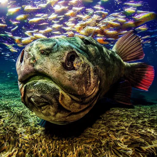 Image similar to incredibly detailed atlantic cod, wide angle shot, backlit, very realistic, underwater, beautiful photo, national geographical, underwater photography, gopro,