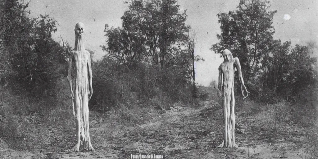 Image similar to scary unproportionable tall ghost creature in the middle of an abandoned village, 1900s picture