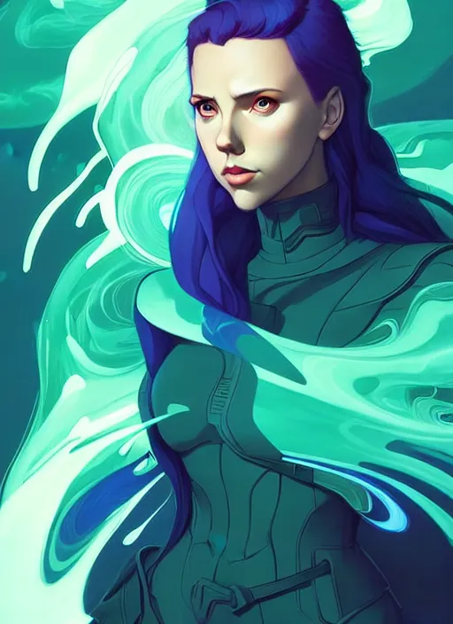 Image similar to style artgerm, joshua middleton, illustration, scarlett johansson as artificer wearing green pelt light armor, anime eyes, blue hair, swirling water cosmos, fantasy, dnd, cinematic lighting