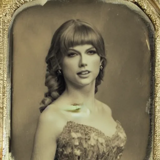 Image similar to daguerreotype of taylor swift wearing southern belle clothes, very detailed, very intricate,