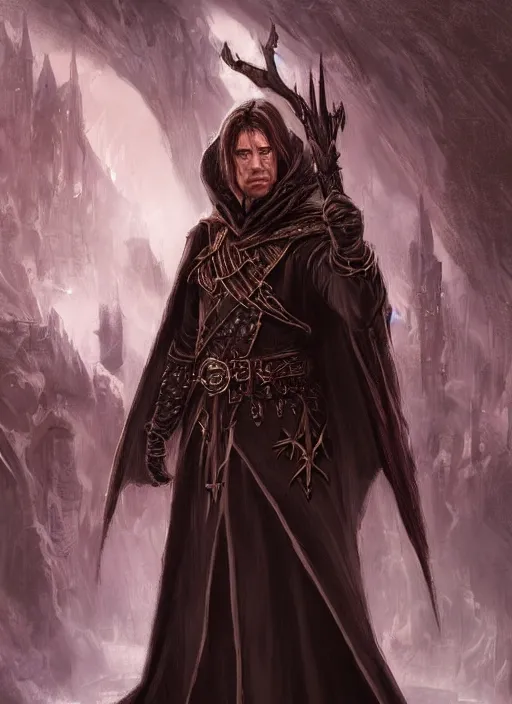 Image similar to dark black cloak male priest, ultra detailed fantasy, dndbeyond, bright, colourful, realistic, dnd character portrait, full body, pathfinder, pinterest, art by ralph horsley, dnd, rpg, lotr game design fanart by concept art, behance hd, artstation, deviantart, hdr render in unreal engine 5