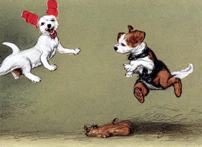 Prompt: portrait of happy jack russel terrier jumping, illustrated by peggy fortnum and beatrix potter and sir john tenniel