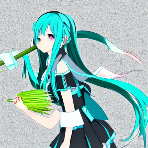 Image similar to hatsune miku with a leek in her hand