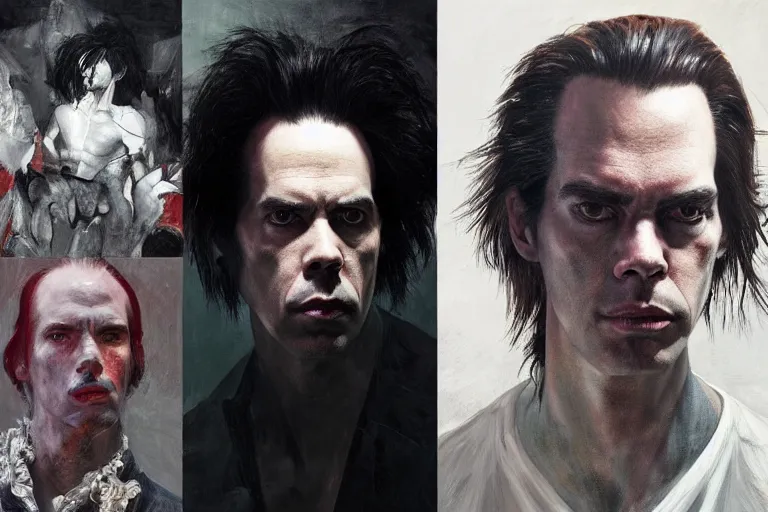 Image similar to a portrait of nick cave, masterpiece, dramatic lighting, painting by caravaggio and ruan jia and daytoner and jakub rebelka and android jones