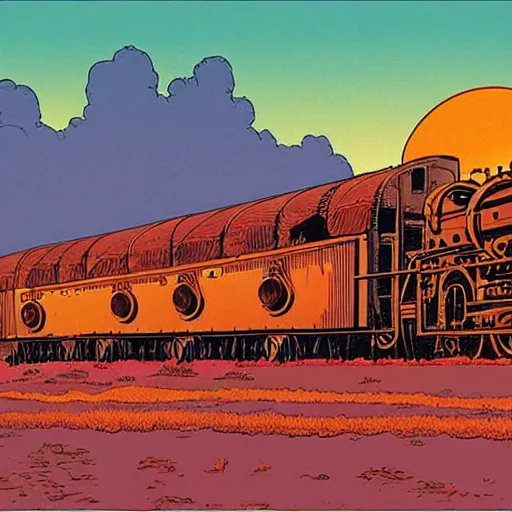 Image similar to weird west steampunk steam engine train railway into the sunset, illustration by moebius jean giraud