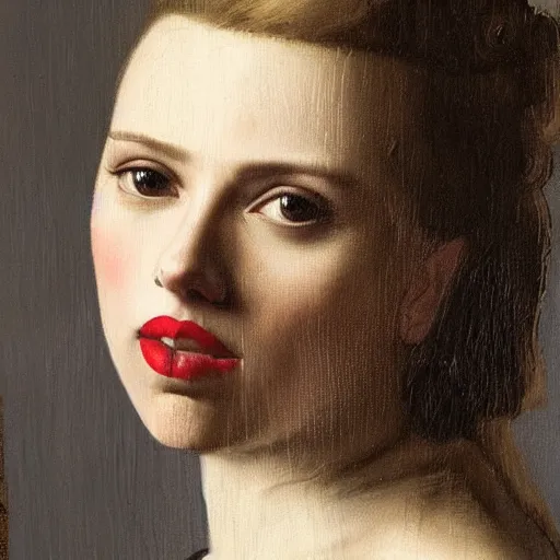 Image similar to A portrait of Scarlett Johansson painted by Johannes Vermeer