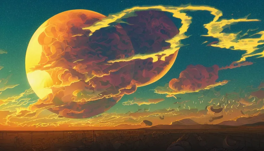 Image similar to harvest moon floating on cosmic maelstrom sky at sunset, futurism, dan mumford, victo ngai, kilian eng, da vinci, josan gonzalez