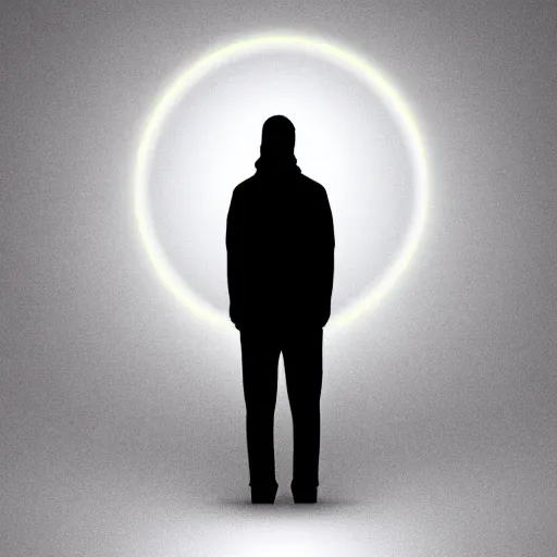 Image similar to rough digital art of a person standing in front of a white shining ball overhead, impactful, dramatic lighting, fringing around edges