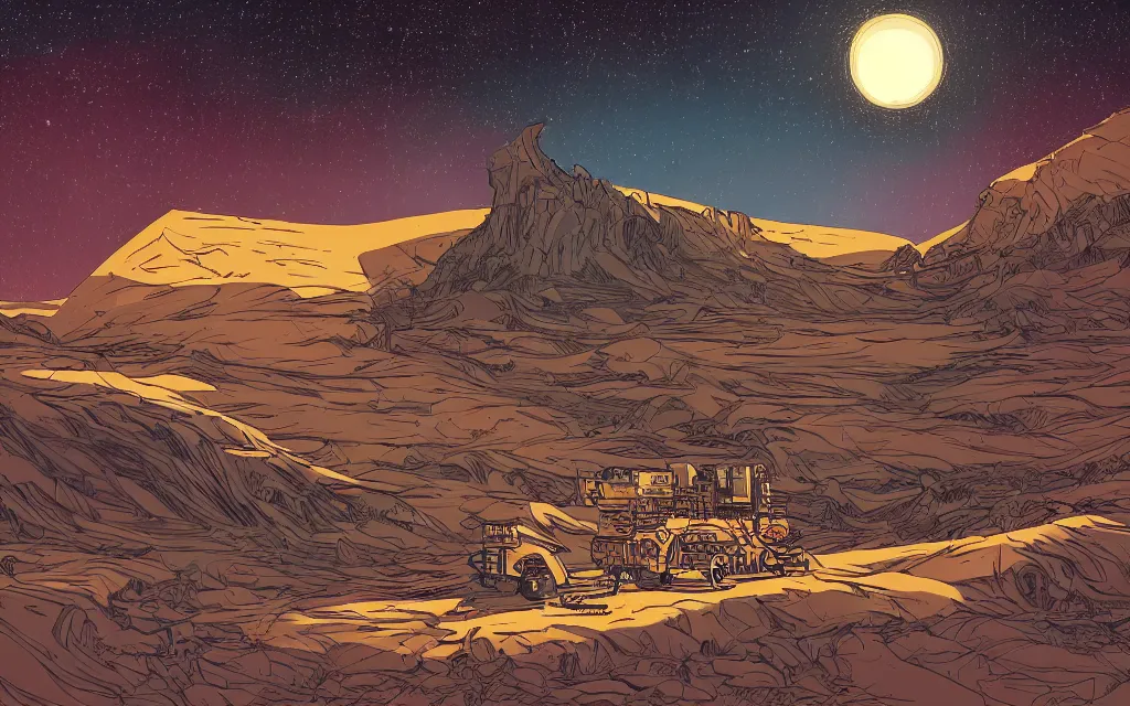 Image similar to very detailed, prophet graphic novel, ilya kuvshinov, mcbess, rutkowski, simon roy, illustration of a 2 5 tonne nuclear blast door on a desert planet, wide shot, colorful, deep shadows, astrophotography