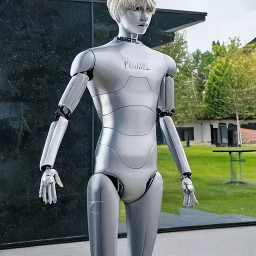 Image similar to a realistic detailed photo of a guy who is an attractive humanoid who is half robot and half humanoid, who is a male android, soccer player martin ødegaard, shiny skin, posing like a statue, blank stare, by the pool, on display, showing off his muscles, humanoid robot, frozen ice statue