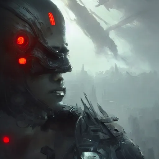 Prompt: cyborg warrior, red eyes, intricate, detailed, volumetric lighting, scenery, digital painting, highly detailed, artstation, sharp focus, illustration, concept art, ruan jia, greg rutkowski