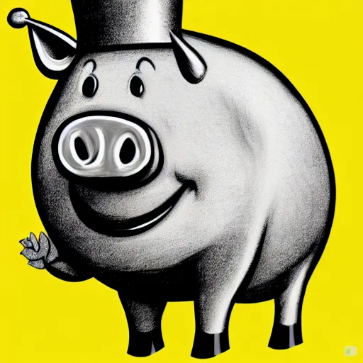 Image similar to side view of a smiling pig wearing a gold crown on it's head black and white illustration concept art in the style of Arthur Adams, full body 8k