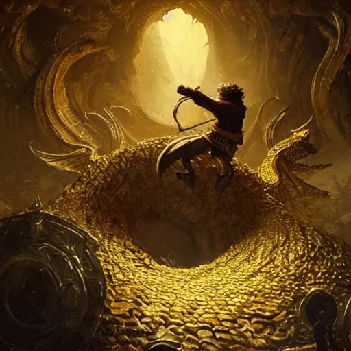 Image similar to a hobbit riding a golden dragon in an underground chamber, piles of gold coins scattered around the floor, fantasy painting by greg rutkowski